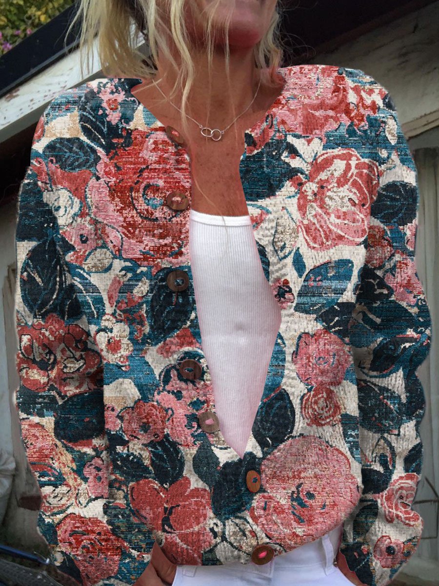 Women's Vintage Lovely Floral Art Print Buttoned Cardigan Sweater