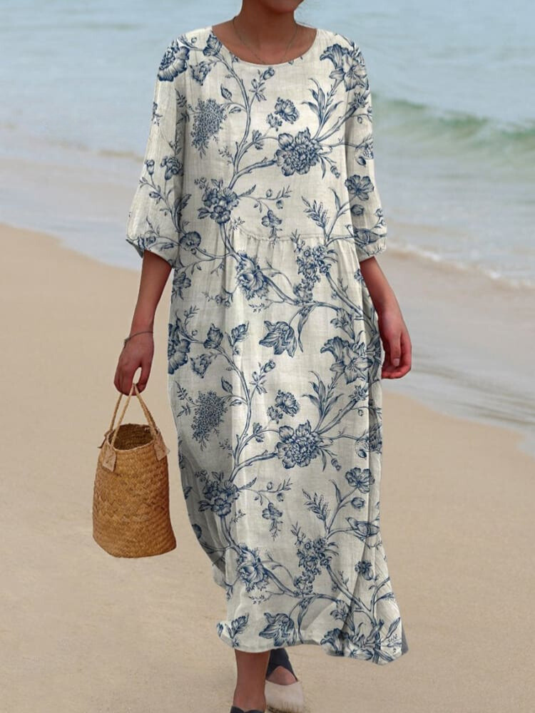 Women's Blue Vintage Curly Floral Print Pocket Cotton Dress