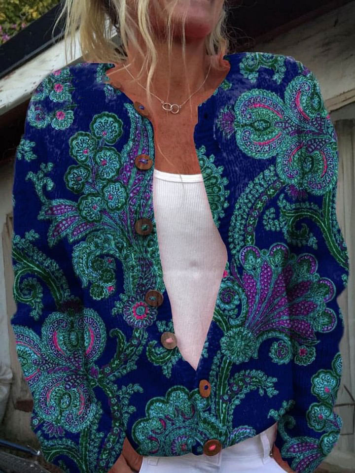 Women's Vintage Lovely Floral Art Print Buttoned Cardigan Sweater