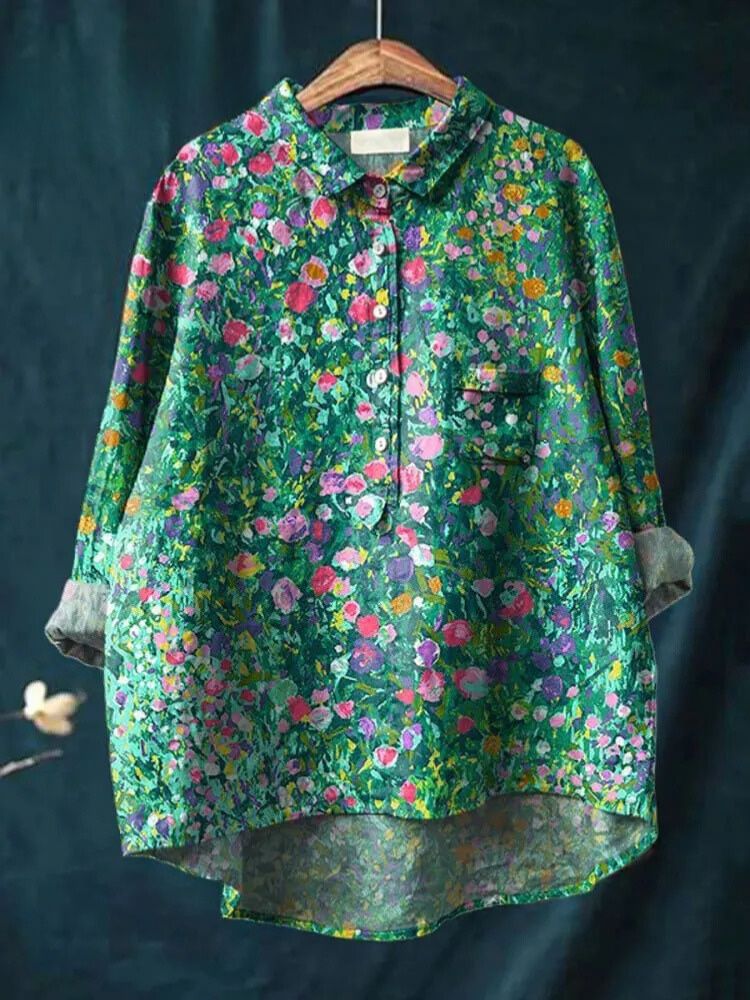 Women's Vintage Floral Art Print Casual Cotton And Linen Shirt