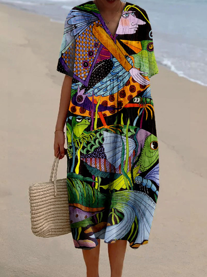 Women's Abstract Colorblock Fish Print Casual Cotton And Linen Dress