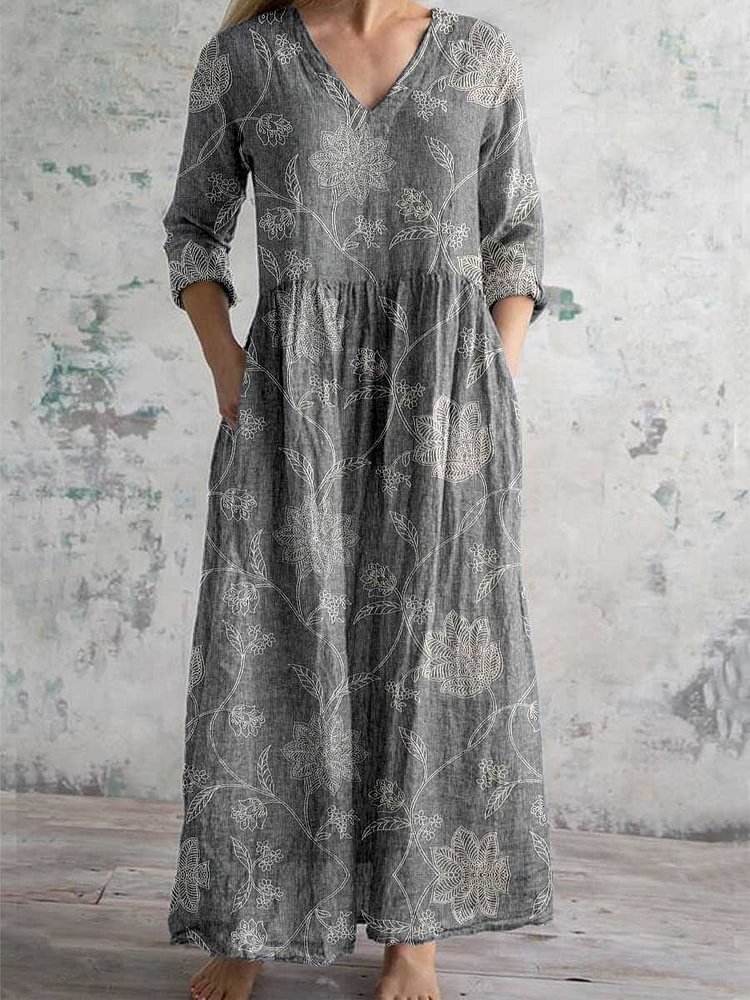 Women's Elegant Simple Decorative Floral Pattern Cotton And Linen Dress With Pockets