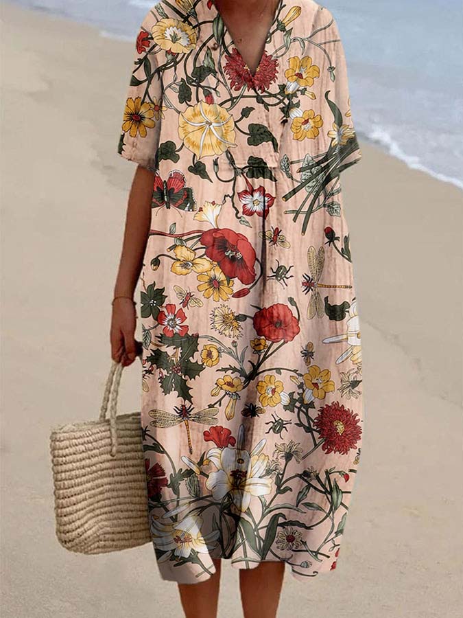 Women's Flower Print Casual Cotton And Linen Dress