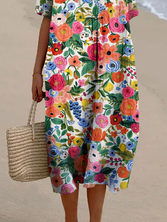 Women's Floral Colorblock Print Casual Cotton And Linen Dress