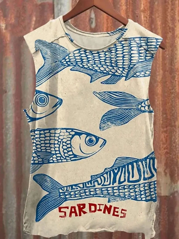 Vintage Fish Sardines Art Print 100% Cotton Casual Tank Top