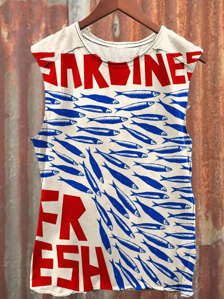 Vintage Fish Sardines Art Print 100% Cotton Casual Tank Top