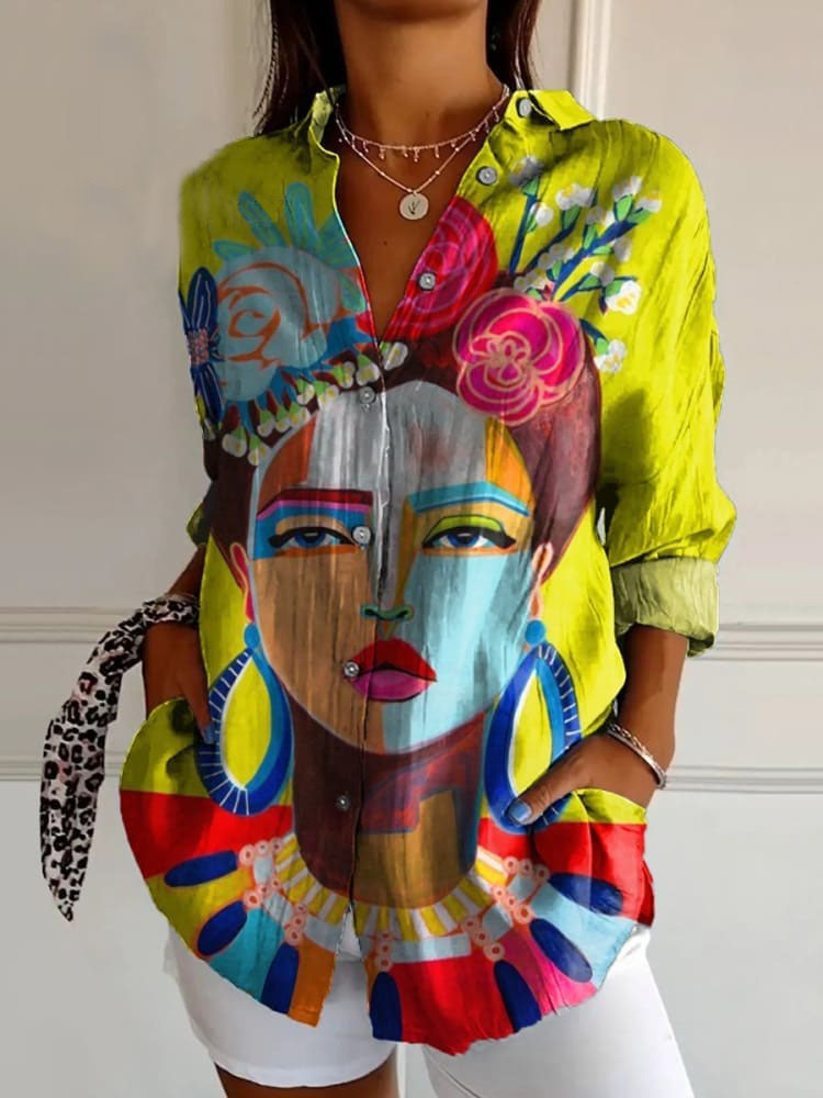 Oil Painting Freda Portrait Art Printed Women's Casual Cotton And Linen Shirt