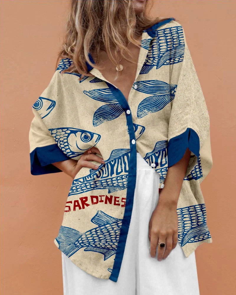 Women's Vintage Fish Sardines Art Print Flowy Clothes