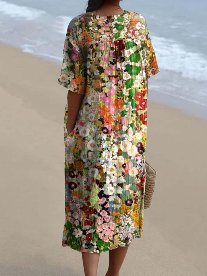 Women's Colorful Floral Print Pocket Linen Dress