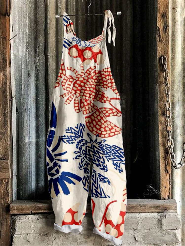 Women's Retro Colorblock Lobster Print Casual Cotton and Linen Jumpsuit