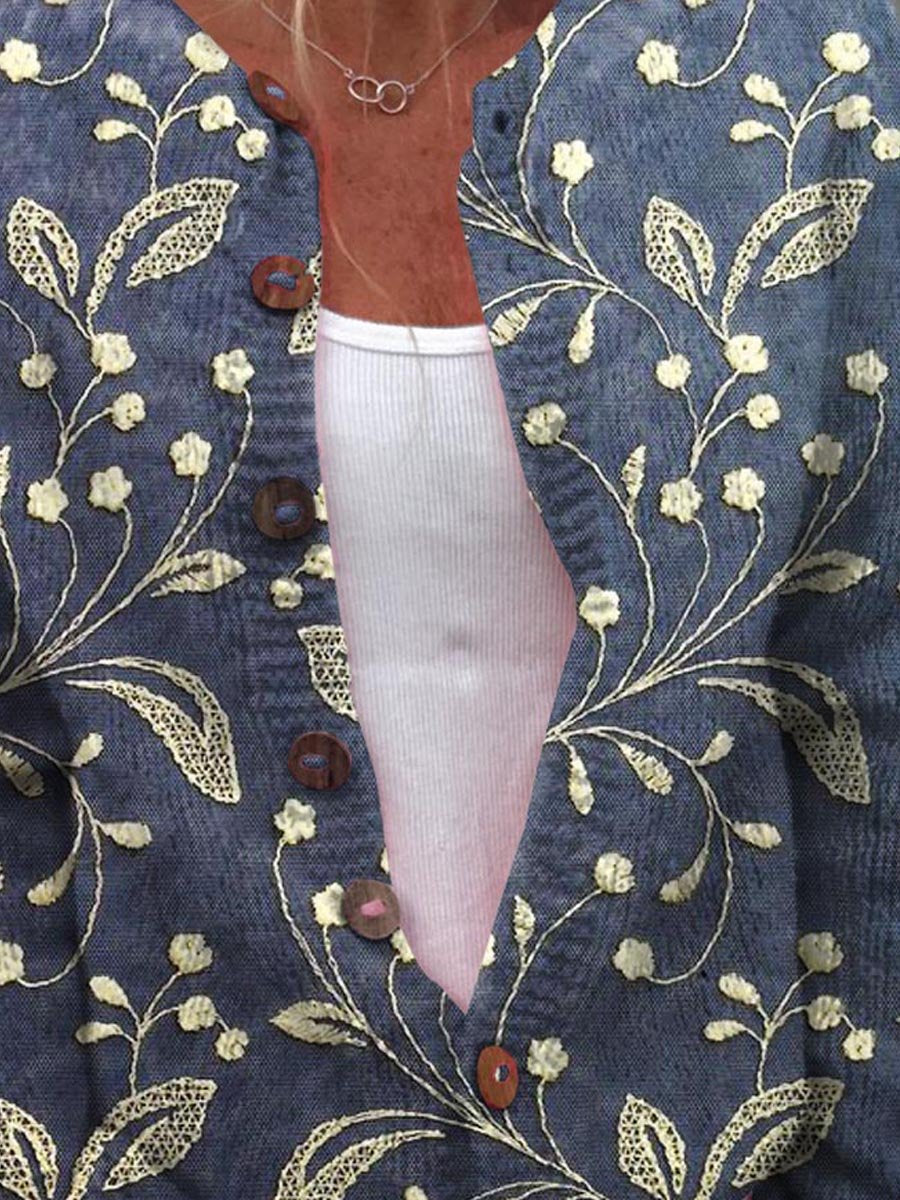 Women's Vintage Lovely Floral Art Print Buttoned Cardigan Sweater