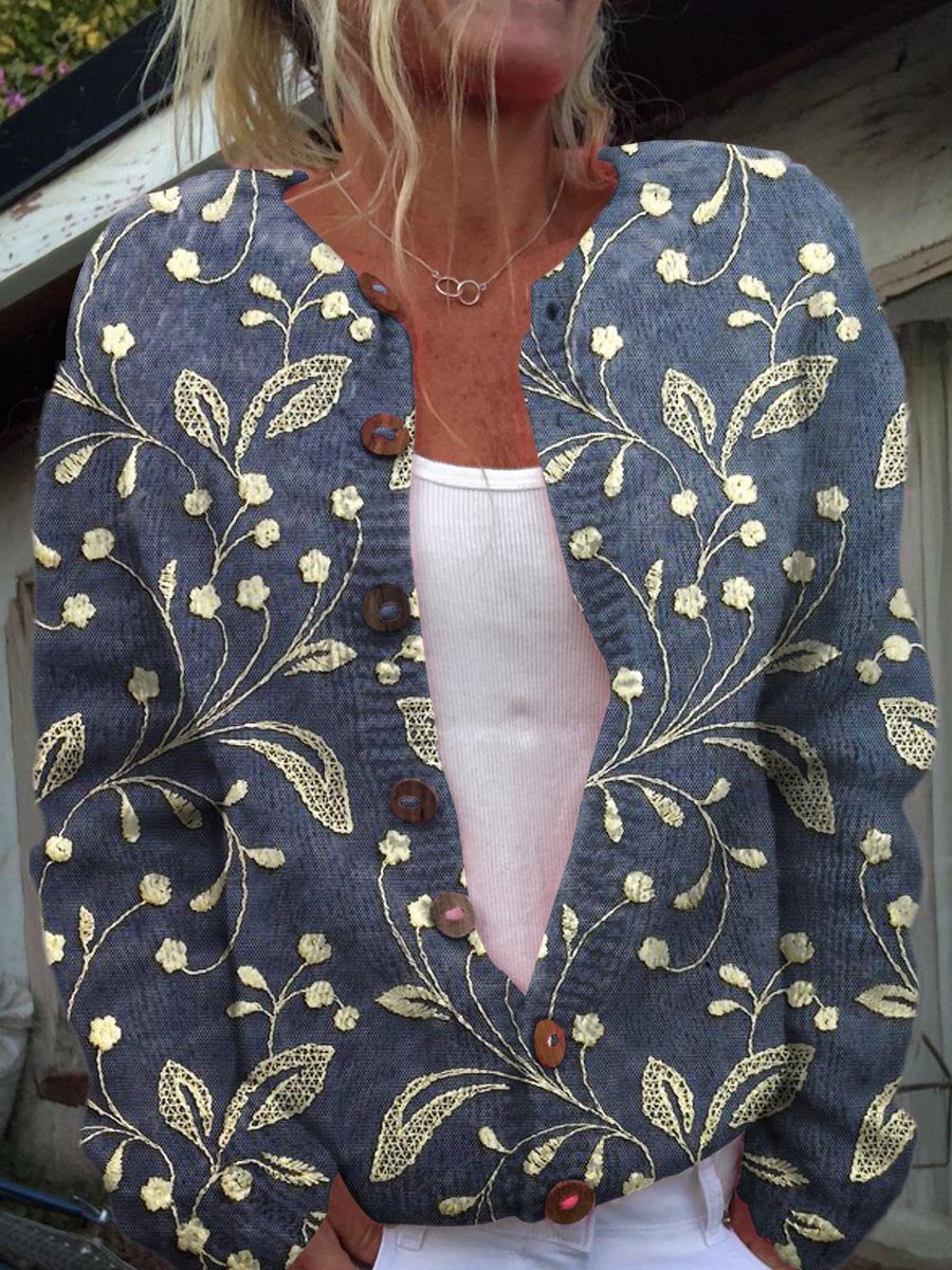 Women's Vintage Lovely Floral Art Print Buttoned Cardigan Sweater
