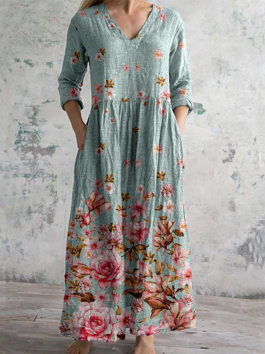 Women's Vintage Floral Print Casual Cotton Dress
