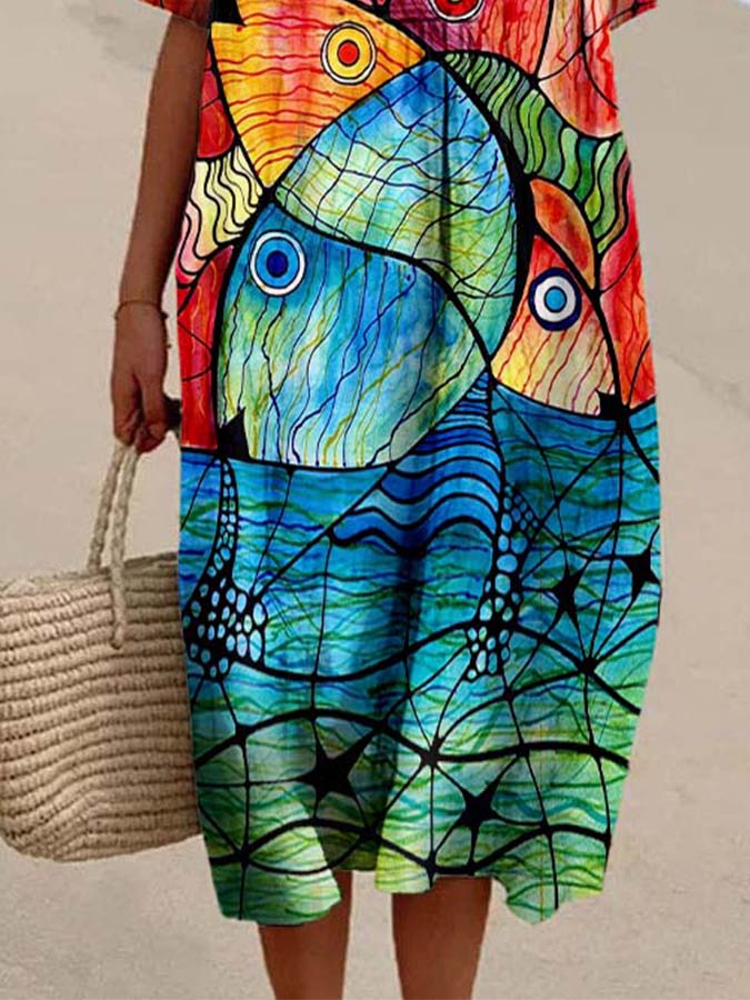Women's Colorblock Fish Print Casual Cotton And Linen Dress