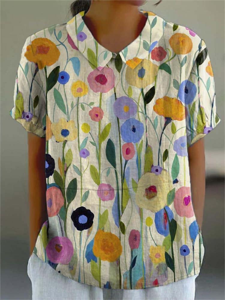 Oil Painting Spring Field Art Printed Women's Casual Cotton And Linen Shirt