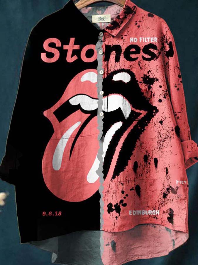 Women's Rolling Stones Colorblock Print Casual Cotton And Linen Shirt
