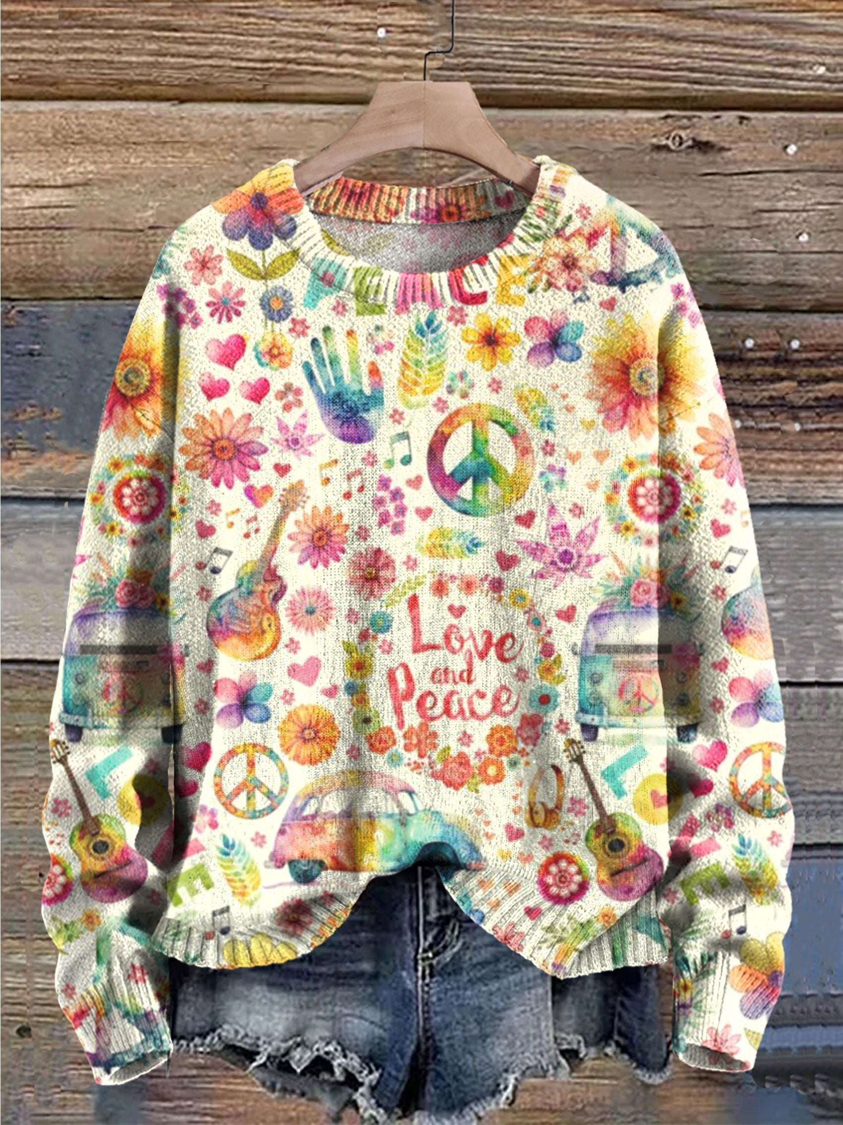 Women's Hippie Car Guitar Art Print Knit Sweater
