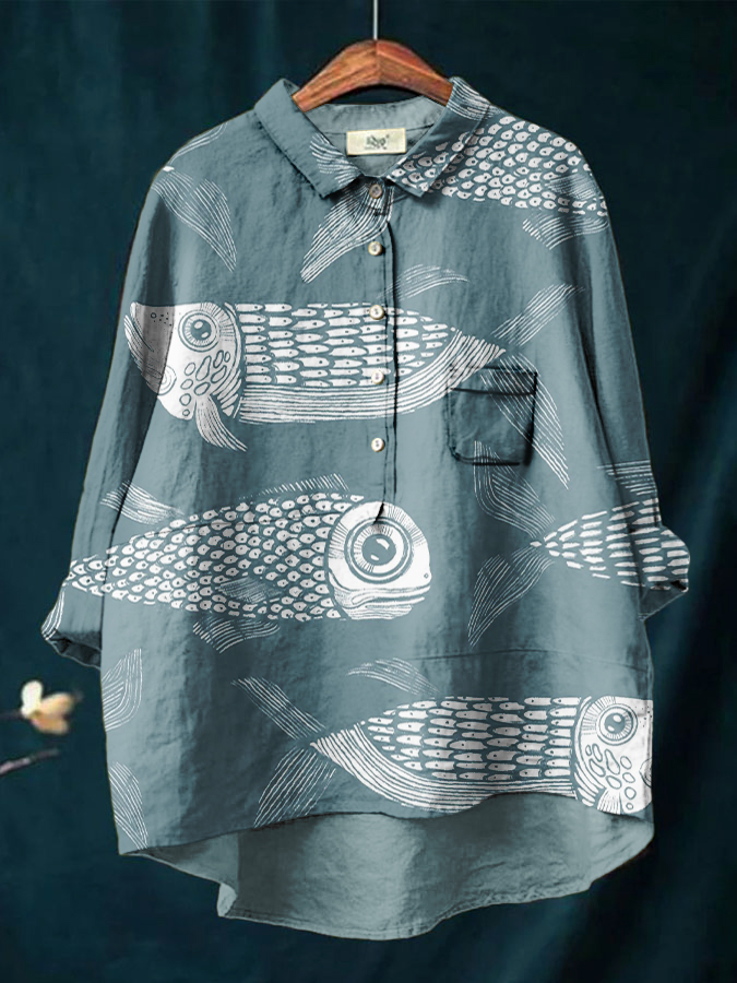 Women's Blue Fish Print Casual Cotton And Linen Shirt