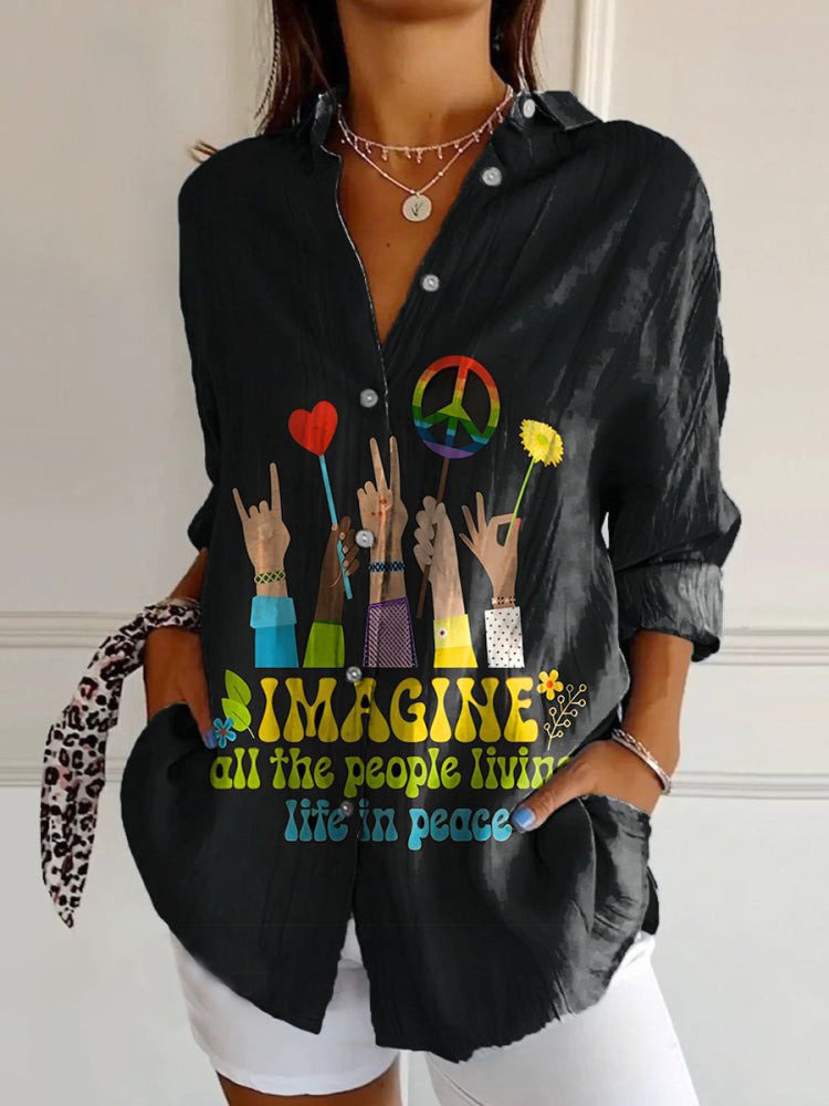 Women's Imagine All The People Living Life In Peace Print Casual Cotton Shirt