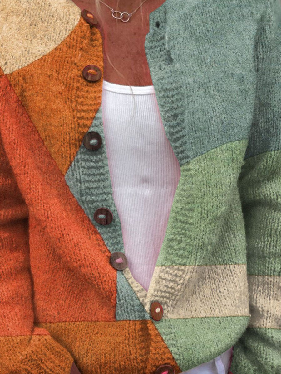Women's Vintage Geometric Pattern Art Print Buttoned Cardigan Sweater