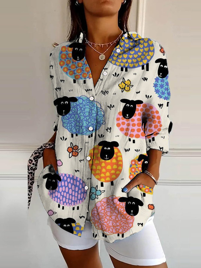 Women's Fun Colorful Sheep Print Lapel Shirt