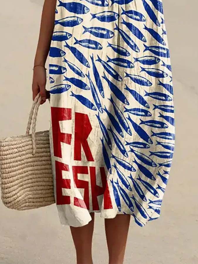 Women's Vintage Fish Art Print Flowy Dress
