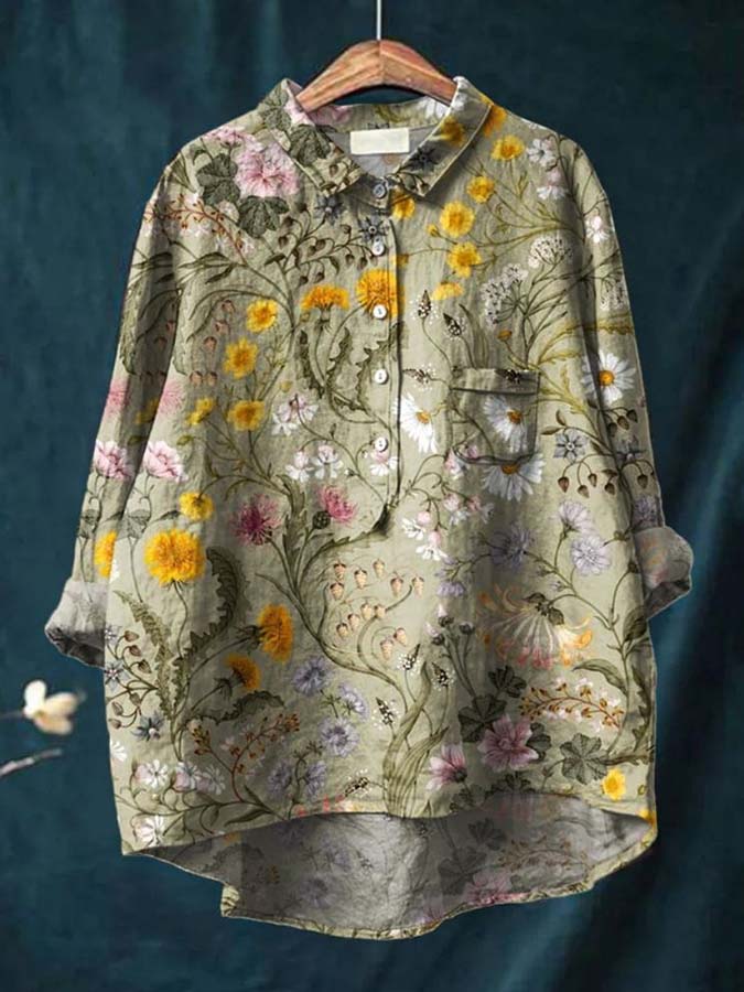 Women's Floral Art Print Casual Cotton And Linen Shirt
