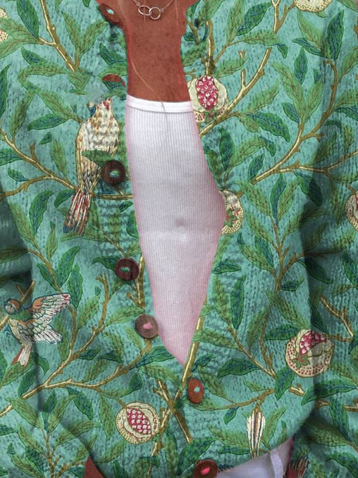 Women's Vintage Lovely Floral Birds Art Print Buttoned Cardigan Sweater