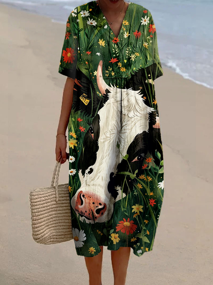 Women's Green Flower Cow Print Casual Cotton And Linen Dress