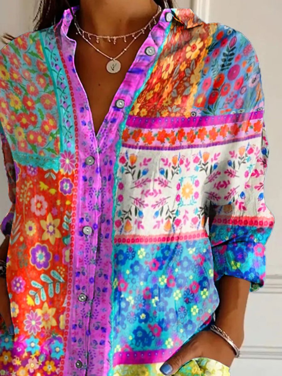 Flower Art Printed Women's Casual Cotton Shirt