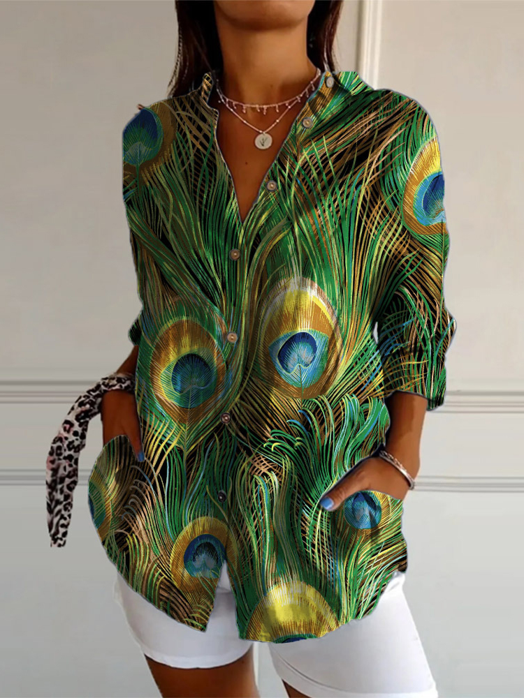 Women's Floristic Flower Art Pattern Print Lapel Shirt