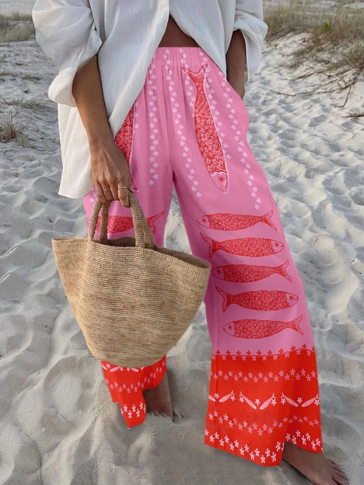 Retro vacation pink fish print shirt and trousers