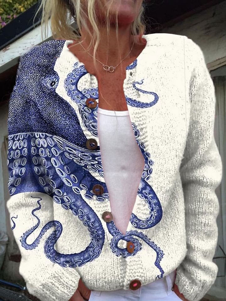 Deep Sea Octopus Tentacles Print Buttoned Cardigan Sweater