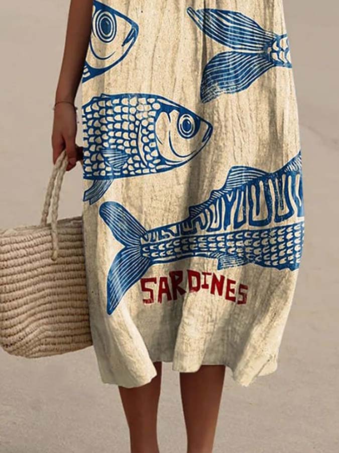 Women's Vintage Fish Sardines Art Print Flowy Shirt