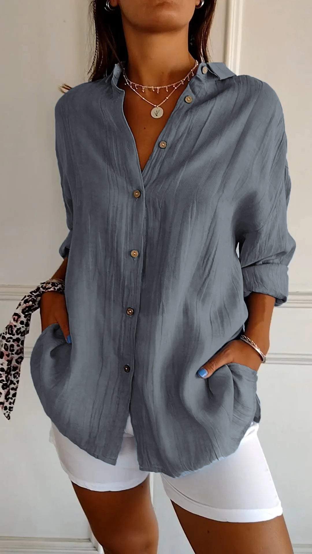 Women Cotton Single-breasted Pleated Lapel Shirt