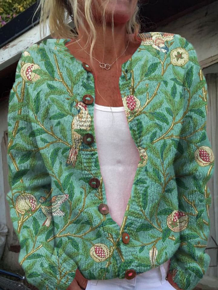 Women's Vintage Lovely Floral Birds Art Print Buttoned Cardigan Sweater