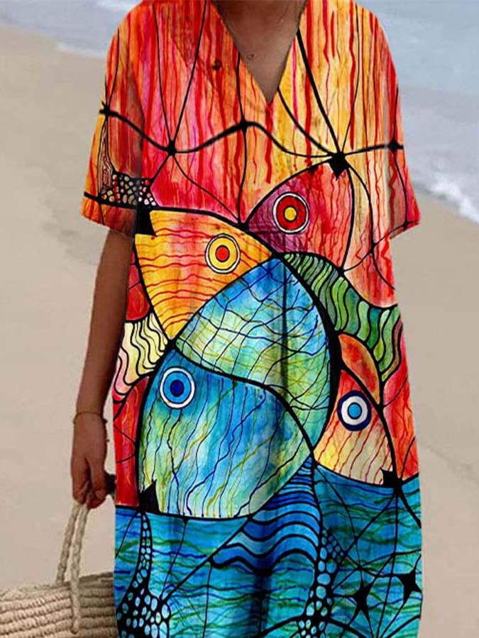 Women's Colorblock Fish Print Casual Cotton And Linen Dress