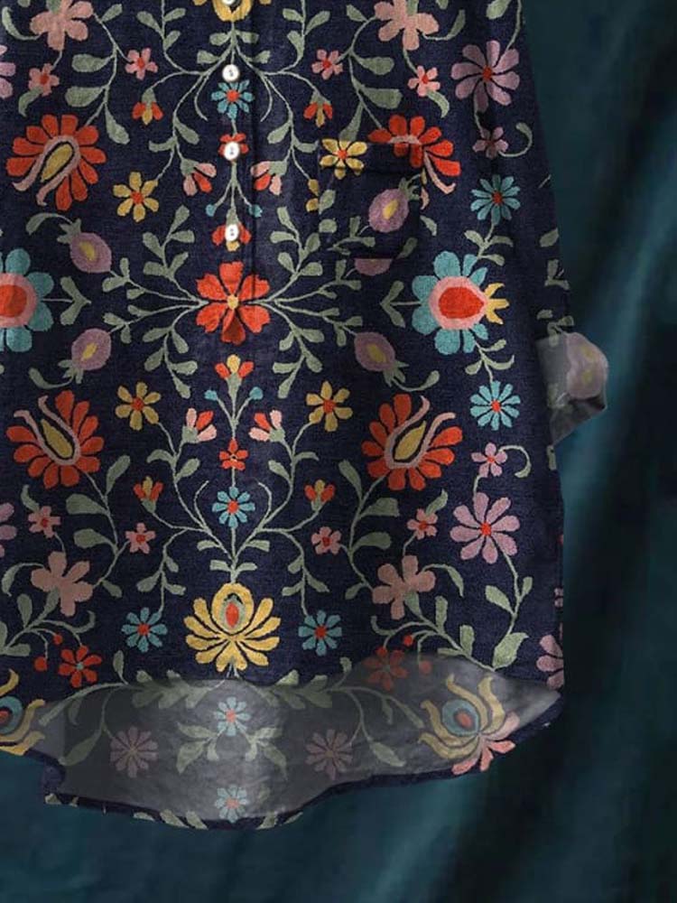 Women's Vintage Flower Art Print Casual Cotton And Linen Shirt