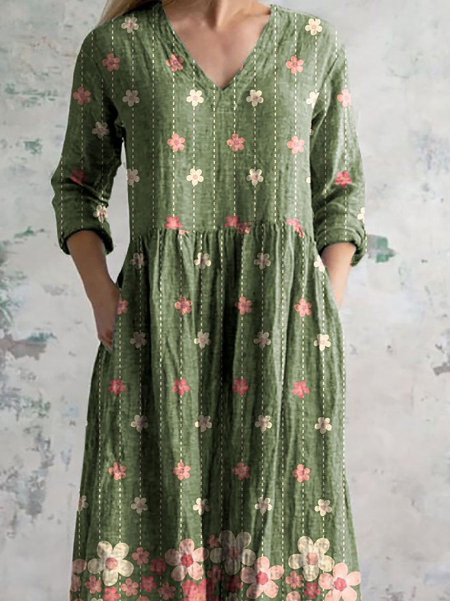 Women's V-neck Elegant Floral Pattern Cotton Dress