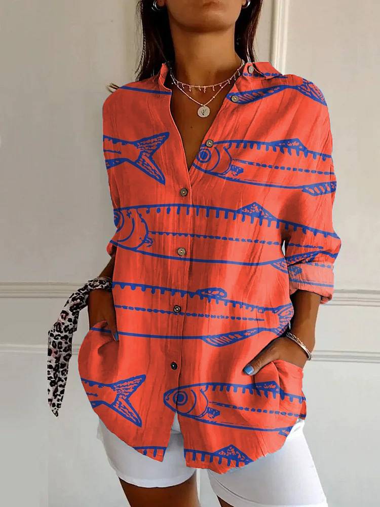 Japanese Sardine Print Casual Long-sleeved Shirt