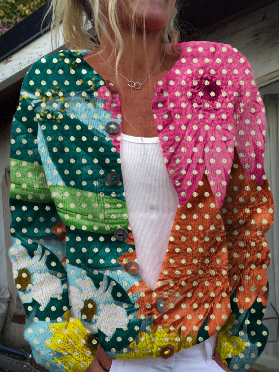 Retro Abstract Geometric Art Print Buttoned Casual Cardigan  Sweater