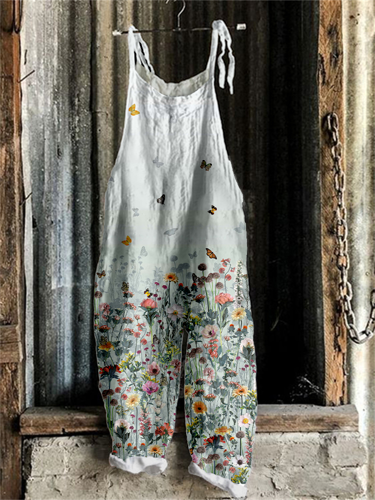 Women's Casual Floral Print Cotton and Linen Jumpsuit