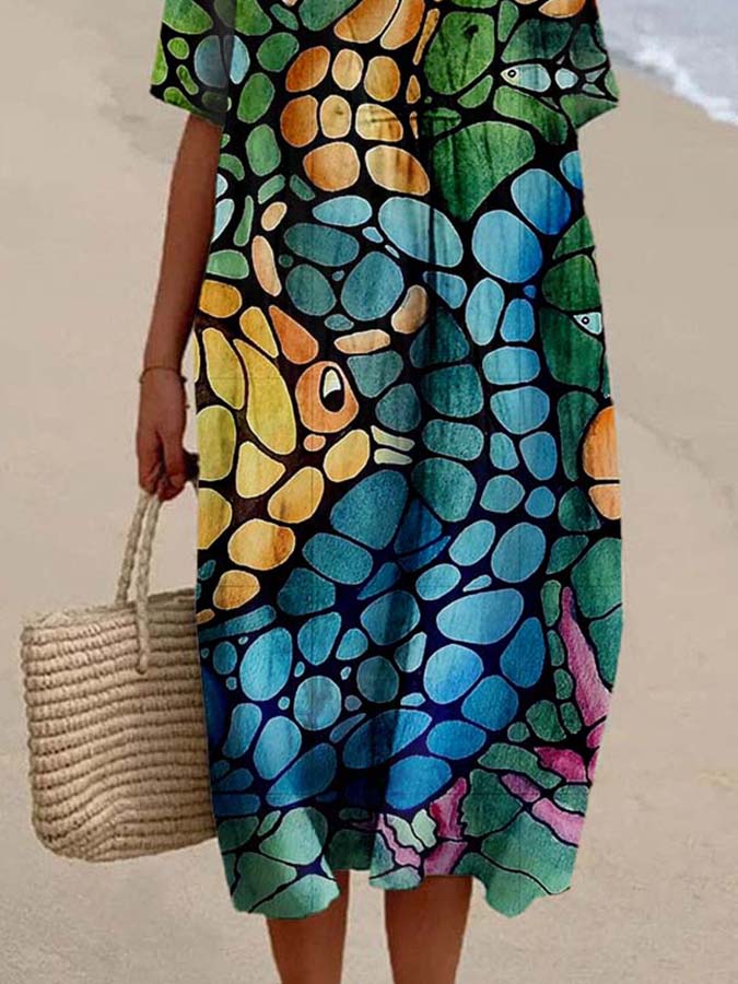 Women's Abstract Colorblock Sea Life Print Casual Cotton And Linen Dress