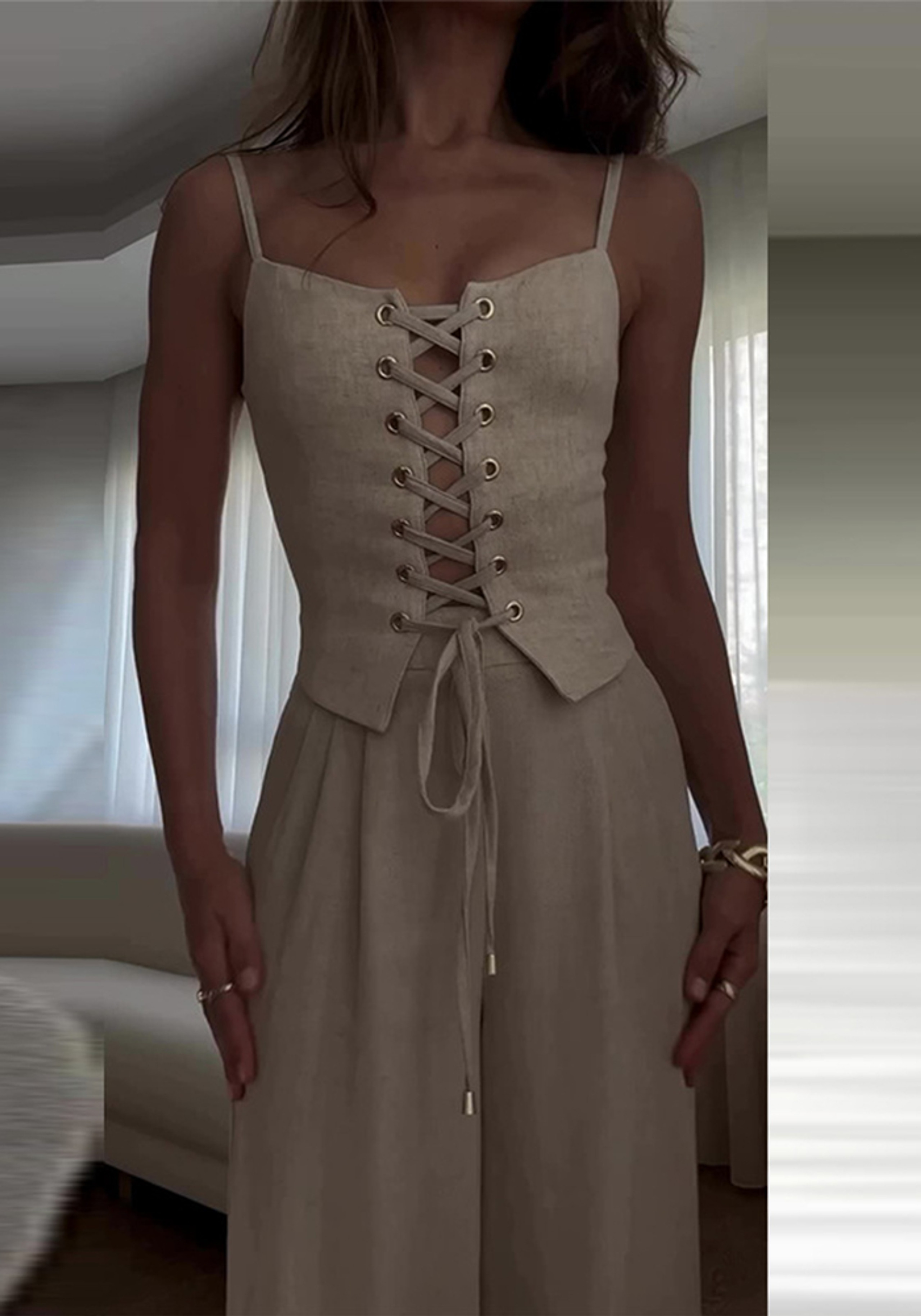 Suspender Drawstring Top and Pants Two-piece Set