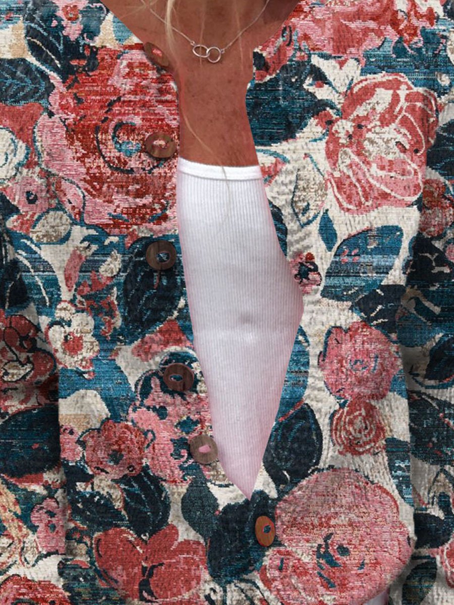 Women's Vintage Lovely Floral Art Print Buttoned Cardigan Sweater