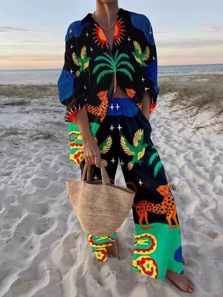 Coconut Tree And Bird Print Two-Piece Set