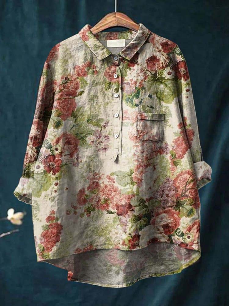 Women's Vintage Floral Art Print Casual Cotton And Linen Shirt