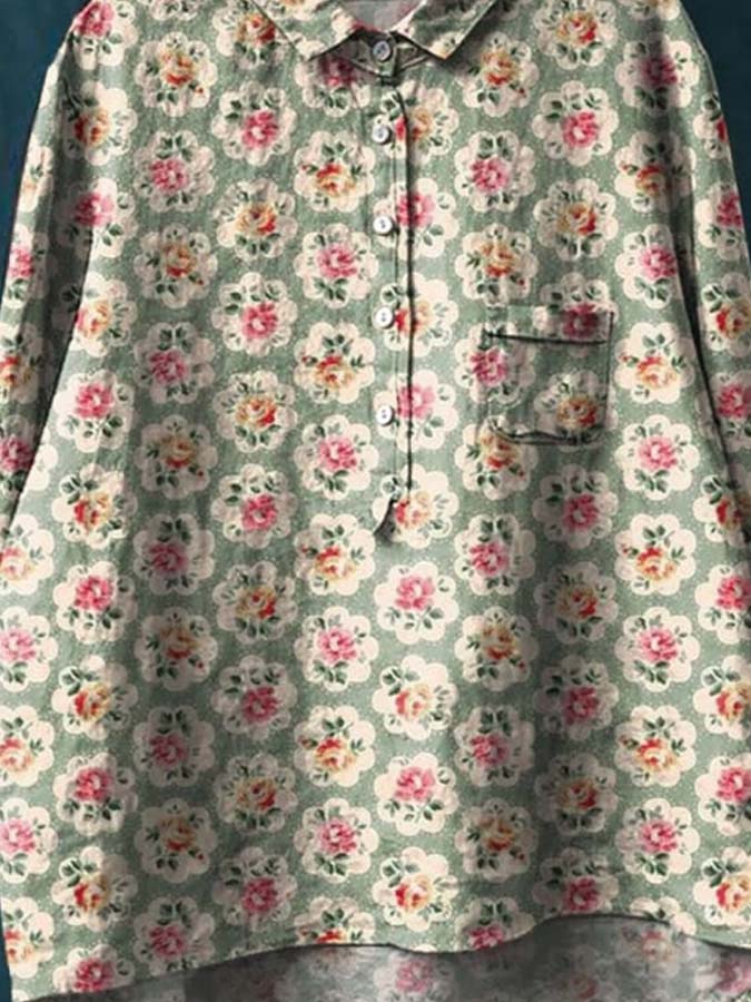 Women's Vintage Floral Art Print Casual Cotton And Linen Shirt