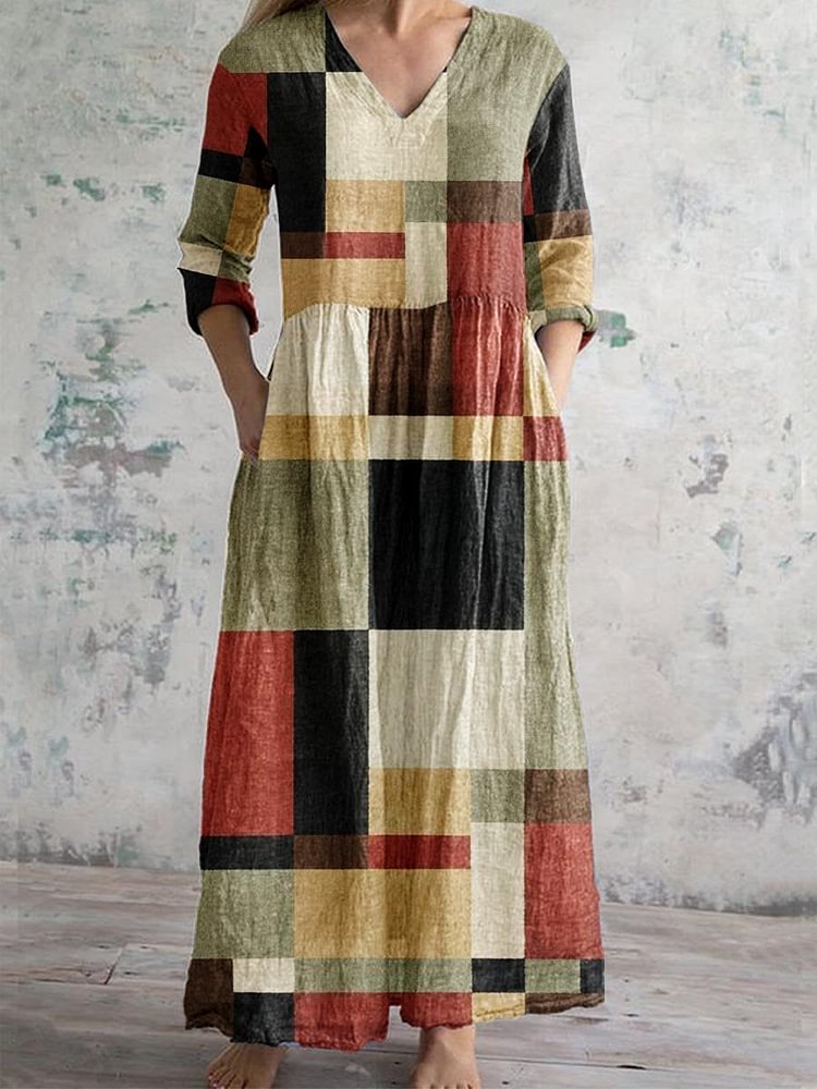 Women's Art Geometric Textured V-Neck Cotton and Linen Dress with Pockets