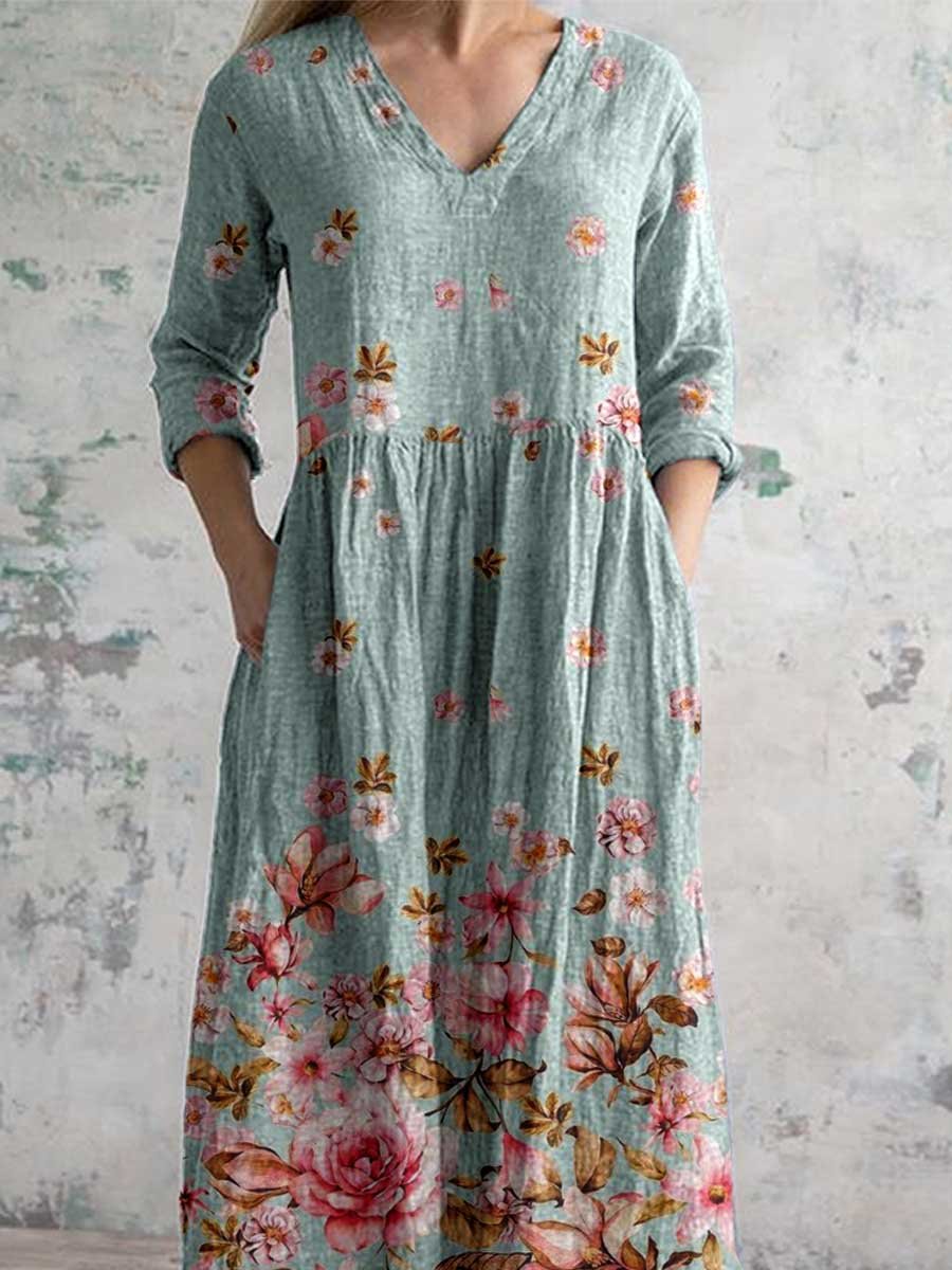 Women's Vintage Floral Print Casual Cotton Dress